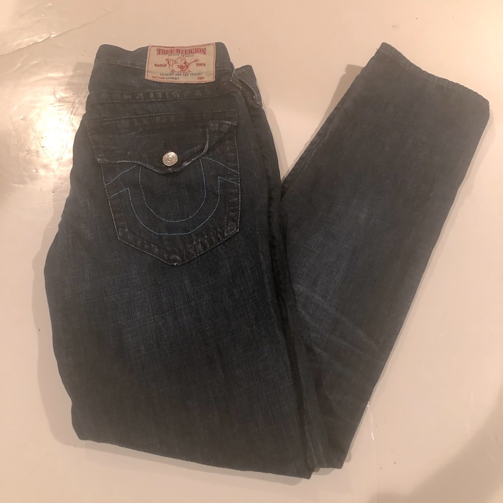 TRUE RELIGION Skinny Dark Blue Slight Wash Back Pockets w Flaps JEANS 32